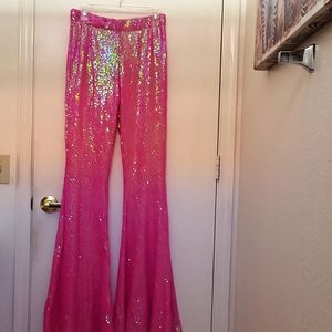 Pink Sequin Flared pants NWT Size S lined.